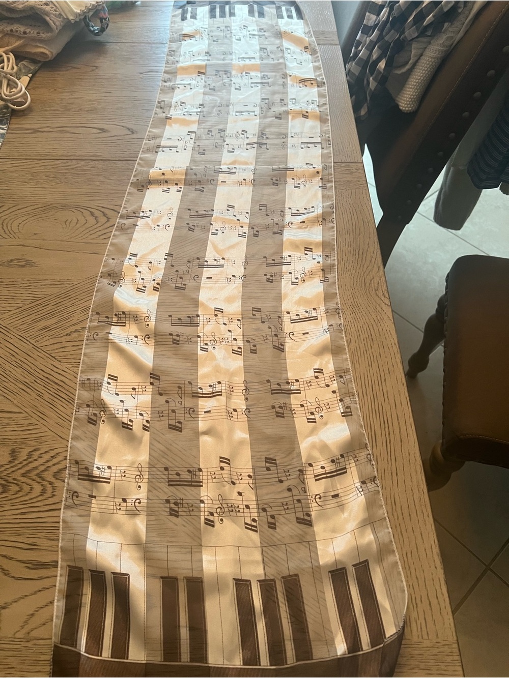 music-themed brown and cream scarf/table runner approximately 13" x 60”